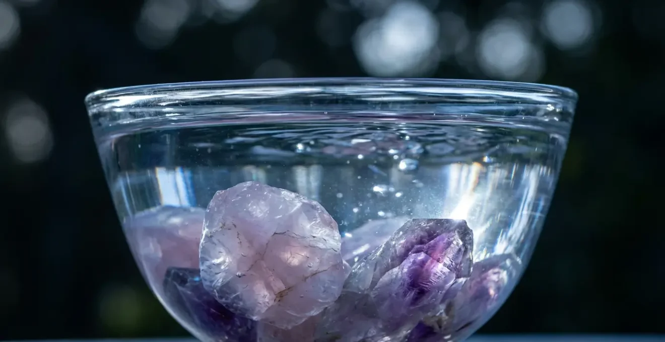 Recipiente de vidrio con agua lunar y cristales sumergidos bajo luz de luna