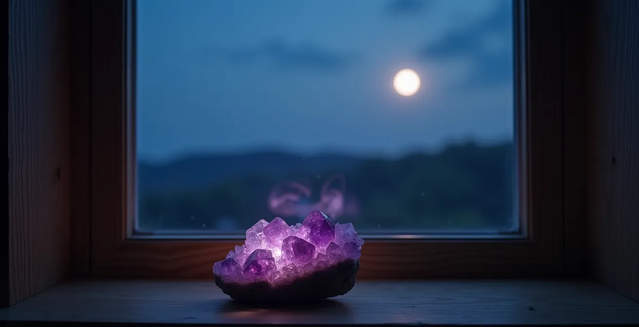 Drusa de amatista iluminada por luz de luna llena en ventana nocturna con reflejos púrpuras