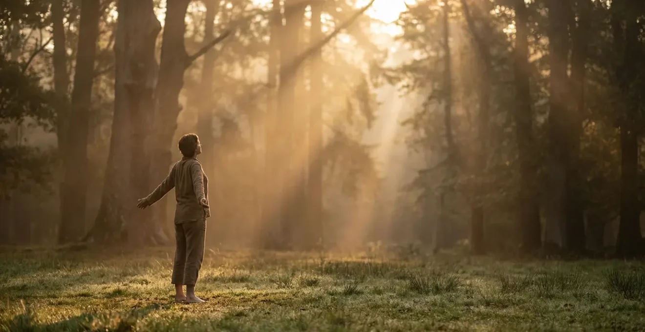 Persona practicando anclaje espiritual descalza en naturaleza con energía terrestre