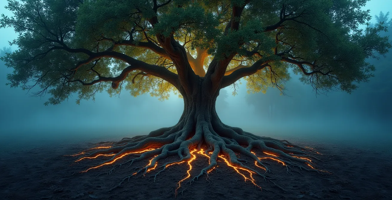 Árbol con raíces entrelazadas bajo tierra reflejando constelaciones en sus ramas