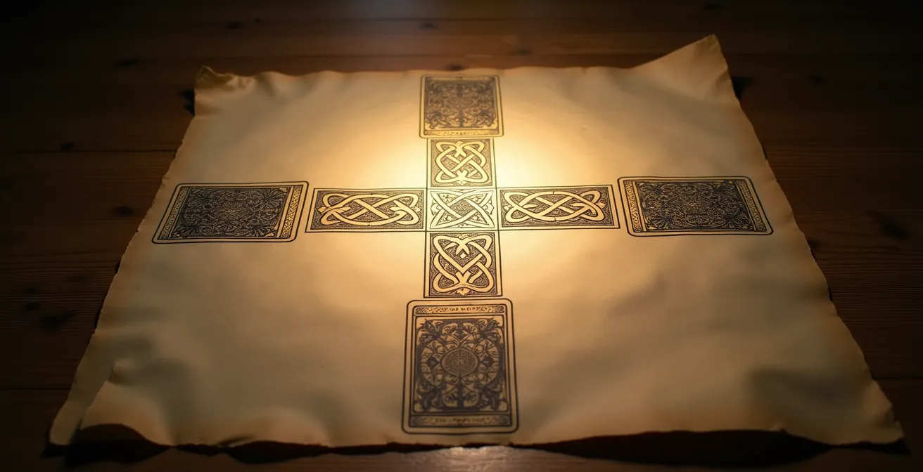 Vista cenital de una tirada Cruz Celta con énfasis visual en la carta de la base iluminada
