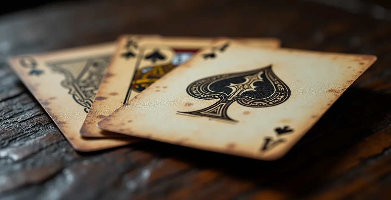 Detalle macro de cartas españolas con una carta invertida mostrando textura y sombras