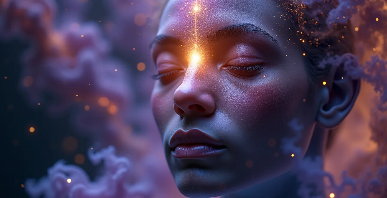 Figura humana en meditación rodeada de nebulosas cósmicas y energía violeta representando el inconsciente