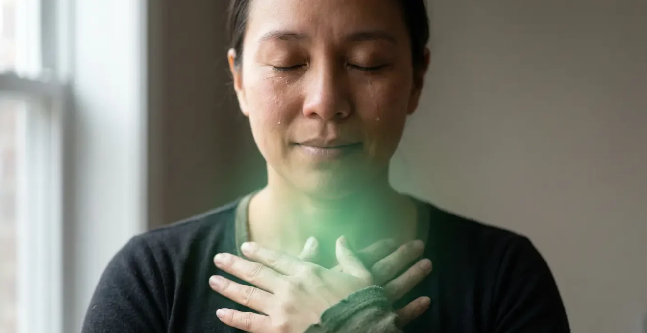 Meditador con emanación de luz verde esmeralda desde el centro del pecho