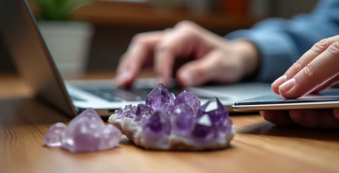 Manos organizando dispositivos tecnológicos con luz suave y cristales protectores