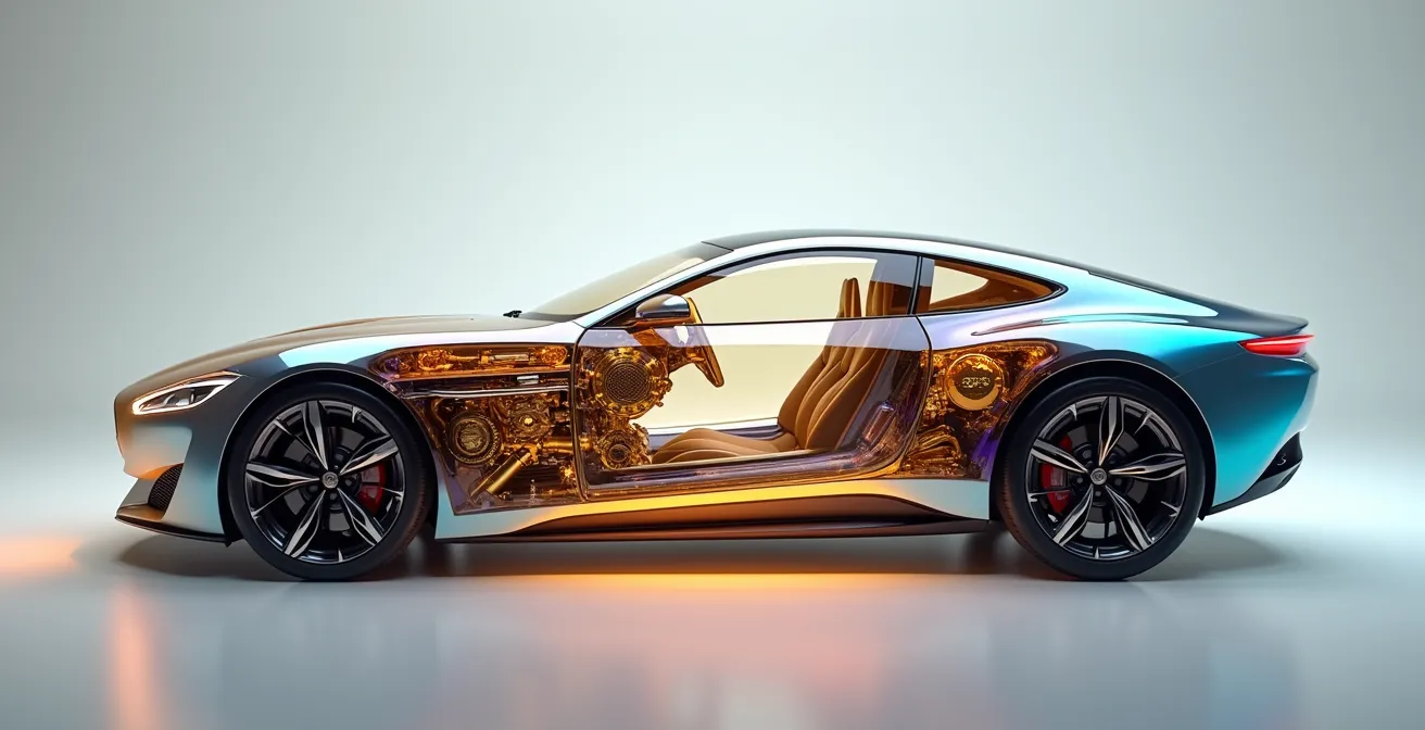 Vista lateral transparente de automóvil mostrando motor interior y carrocería exterior