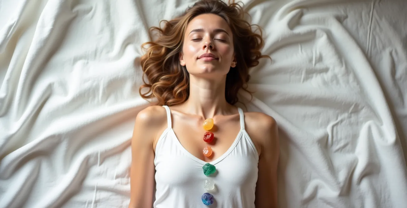 Persona en meditación con cristales colocados sobre los siete puntos de chakras principales