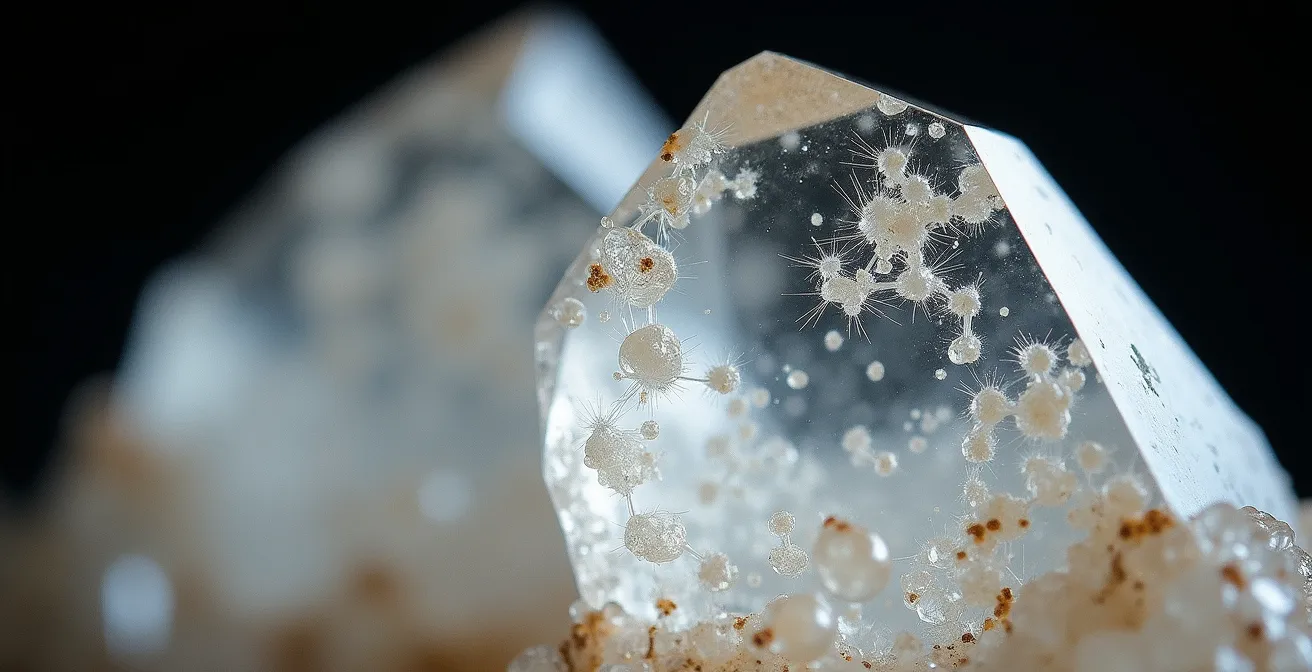 Detalle macro de cuarzo natural mostrando inclusiones irregulares