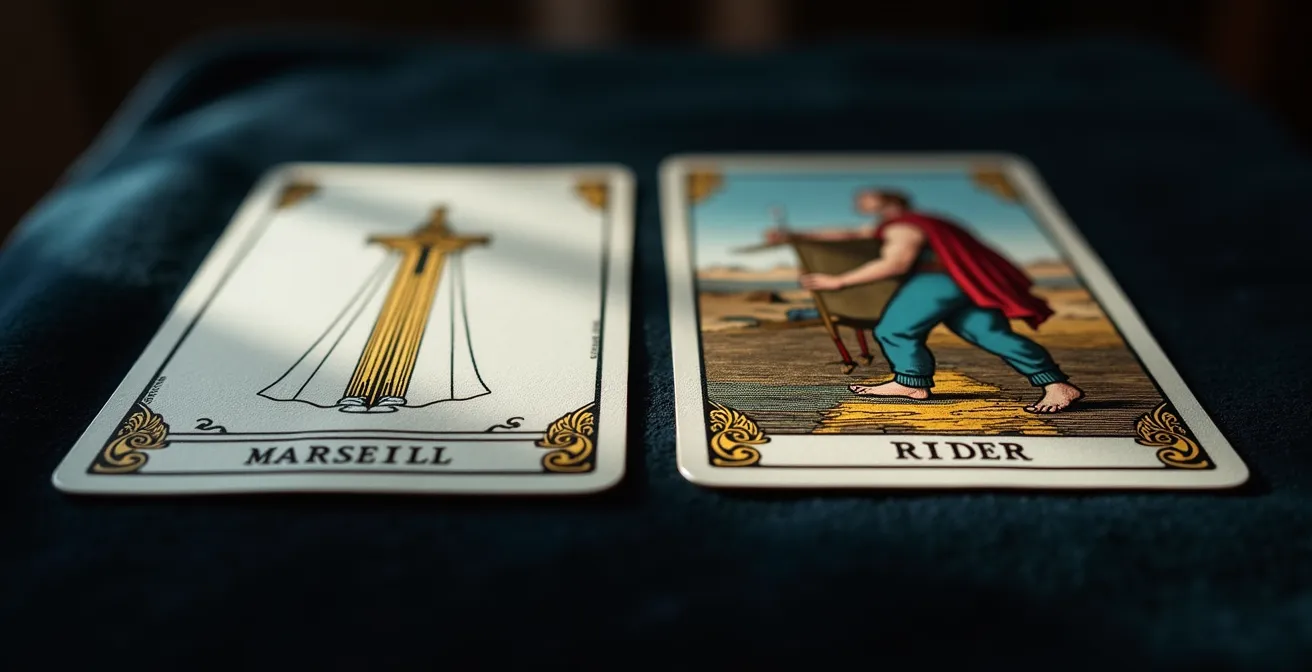 Dos cartas de tarot en primer plano mostrando diferencias visuales entre estilos Marsella y Rider