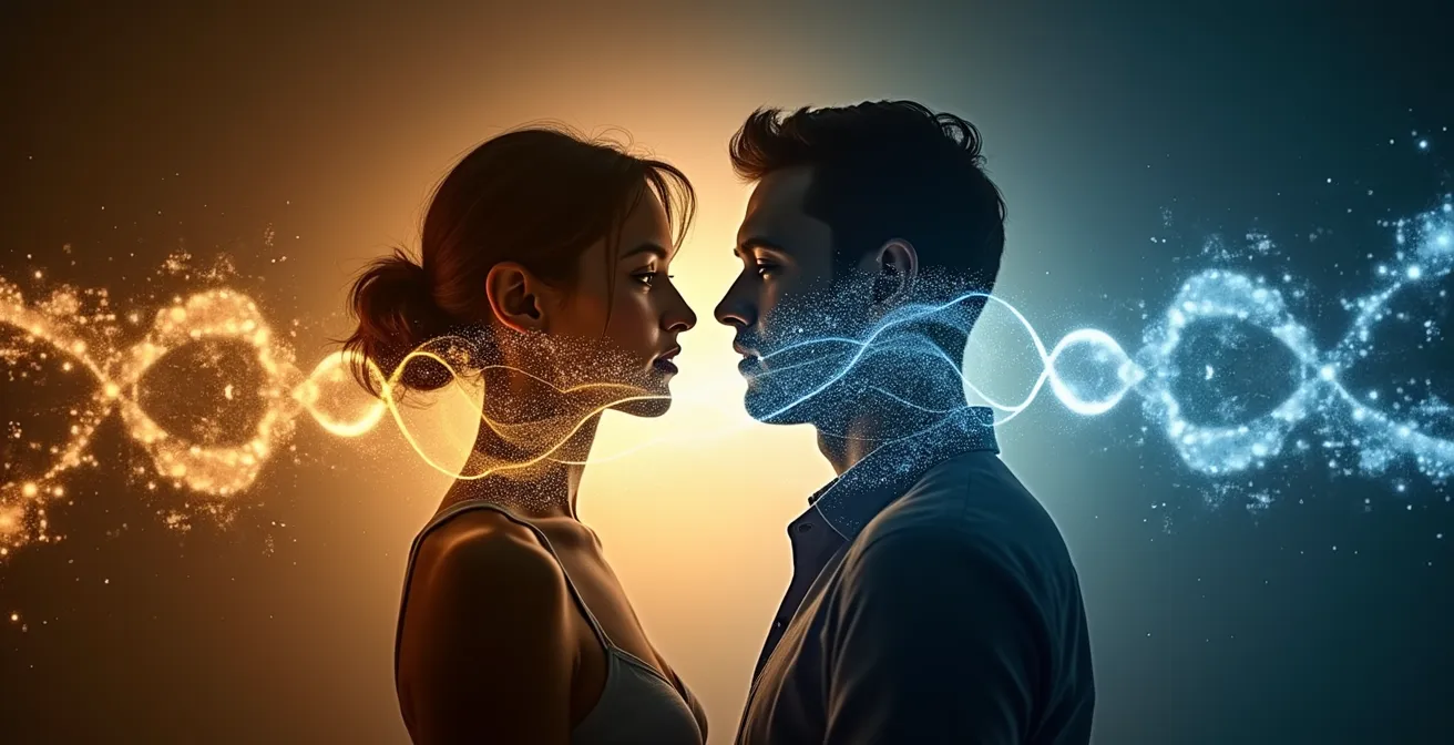 Dos siluetas humanas conectadas por hilos de energía luminosa formando patrones geométricos sagrados