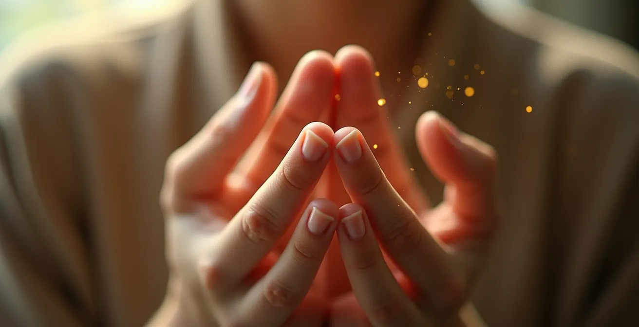 Manos extendidas hacia la luz con energía sutil visible en forma de partículas doradas