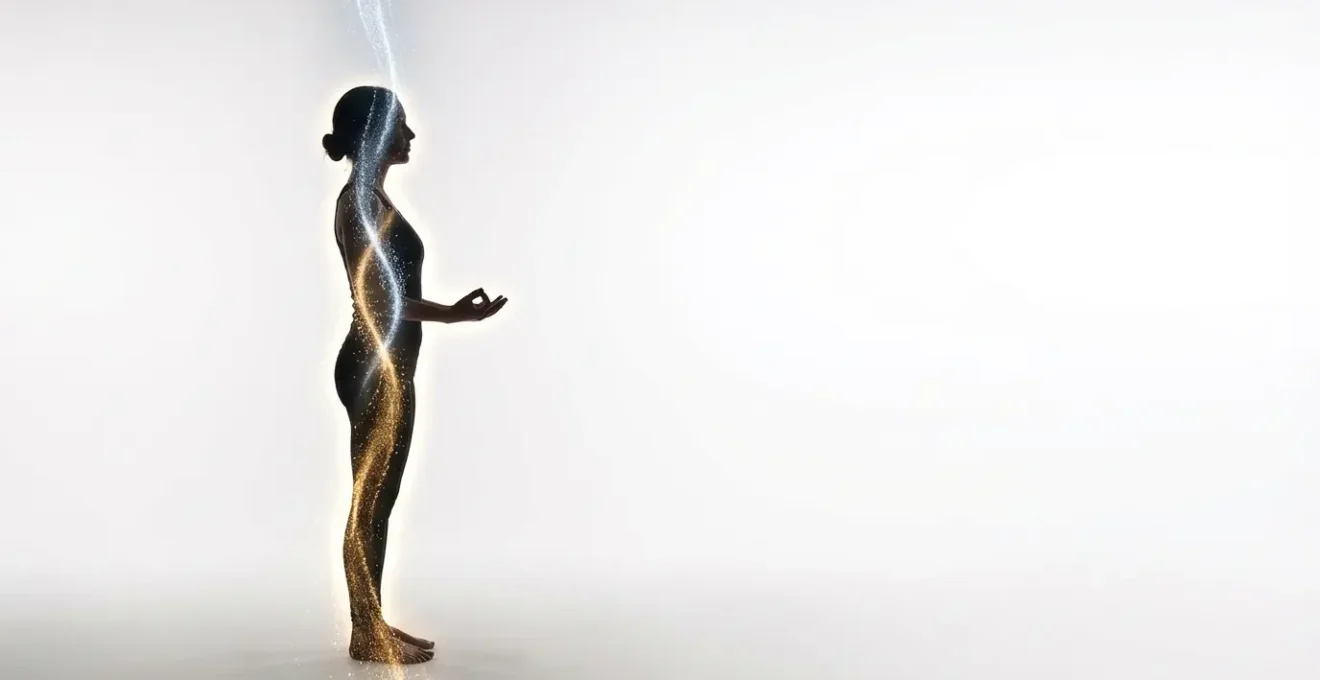 Vista lateral de figura humana mostrando el flujo energético ascendente y descendente a través de los chakras