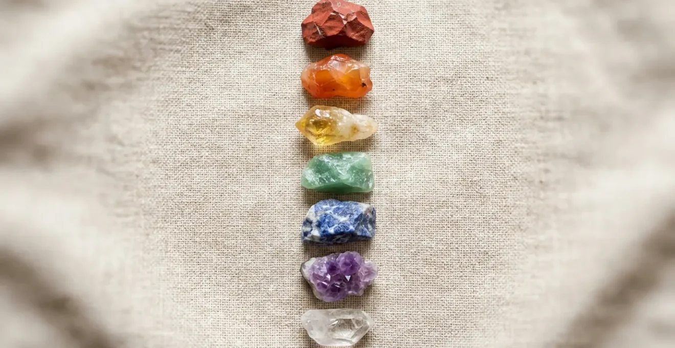 Disposición de cristales de colores sobre los puntos de chakras en una persona acostada