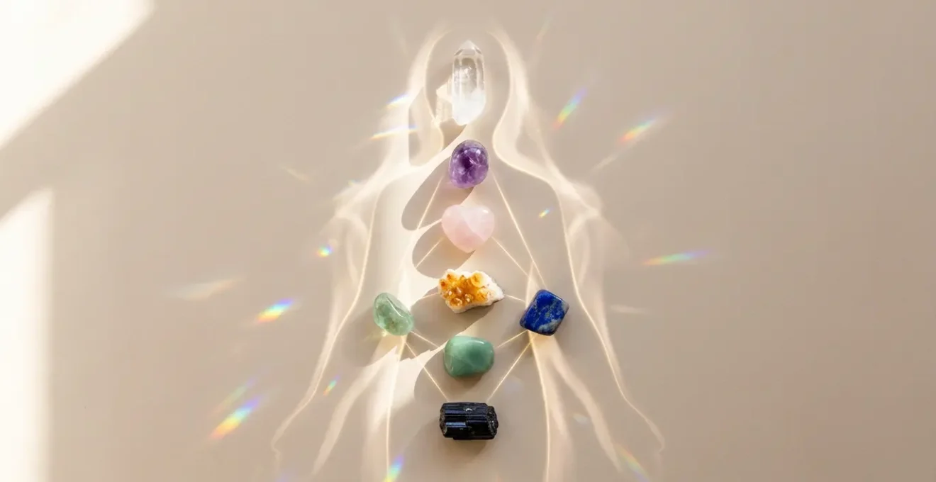 Composición artística de cristales y piedras preciosas colocados sobre puntos energéticos del cuerpo humano para sanación holística