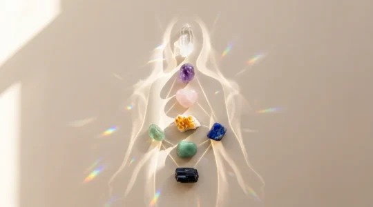 Composición artística de cristales y piedras preciosas colocados sobre puntos energéticos del cuerpo humano para sanación holística