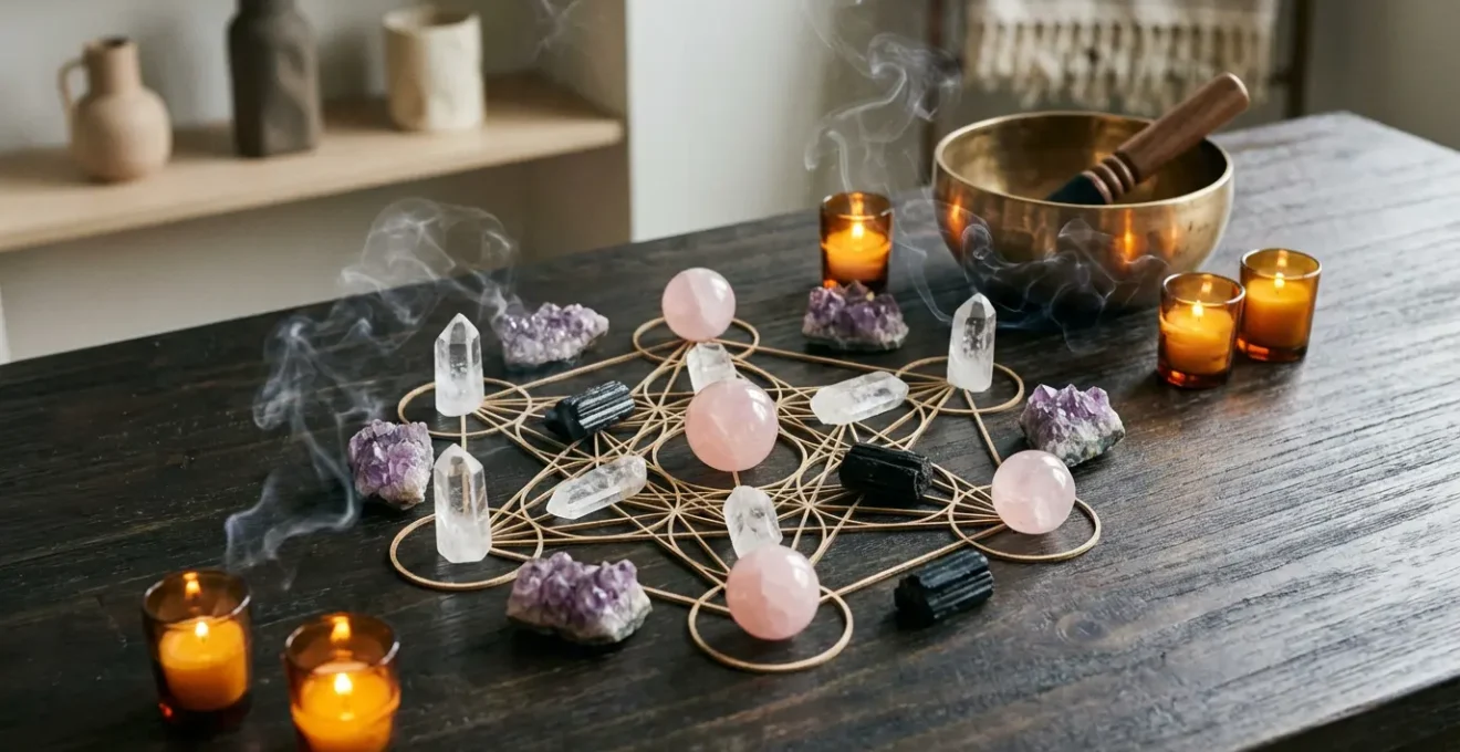 Cristales energéticos dispuestos en ritual de limpieza espiritual