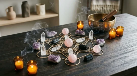 Cristales energéticos dispuestos en ritual de limpieza espiritual