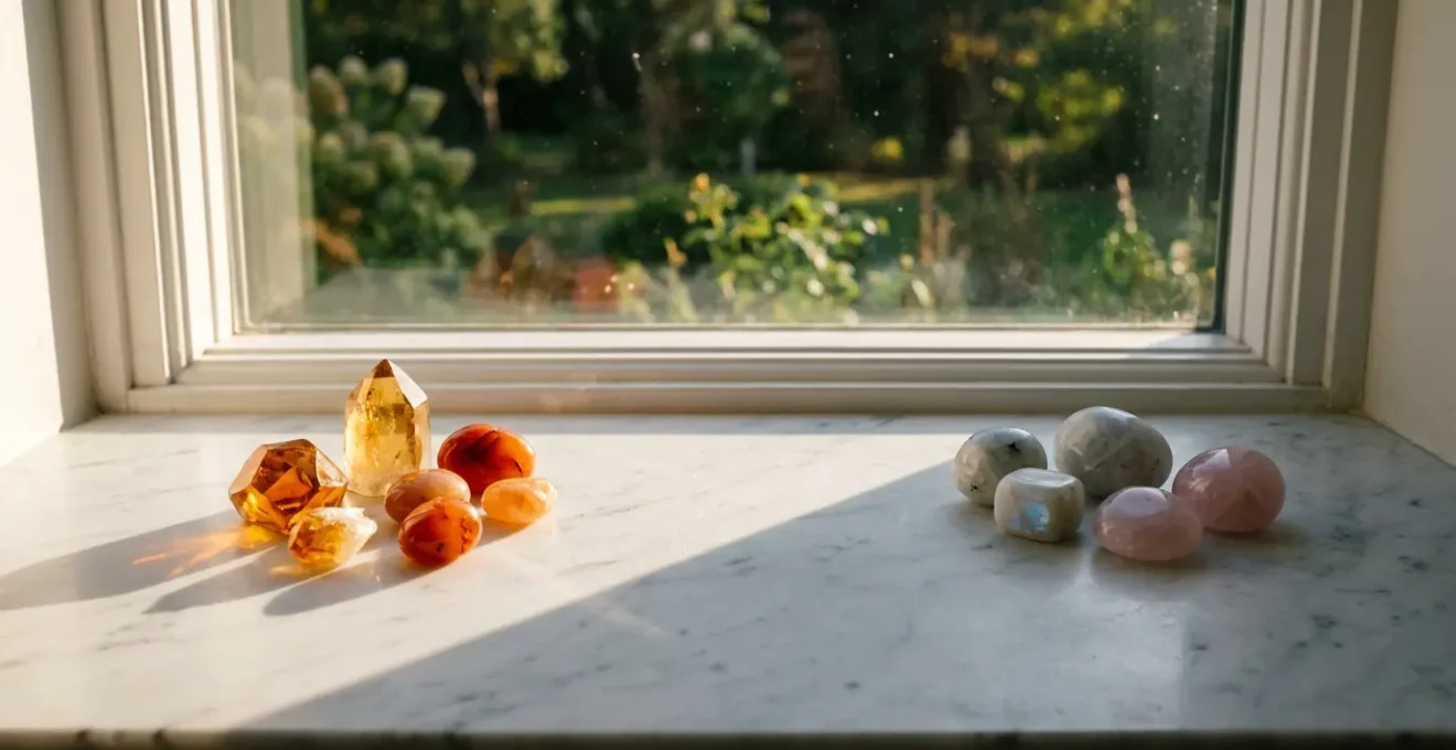 Cristales expuestos a luz solar filtrada y lunar para carga energética