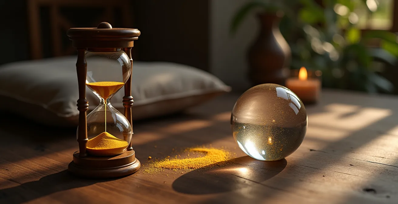 Reloj de arena marcando tiempo de práctica de scrying para principiantes