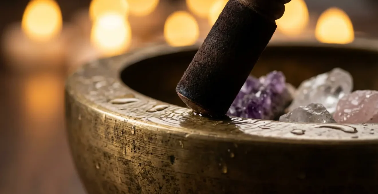 Cuenco tibetano con cristales en proceso de limpieza vibracional