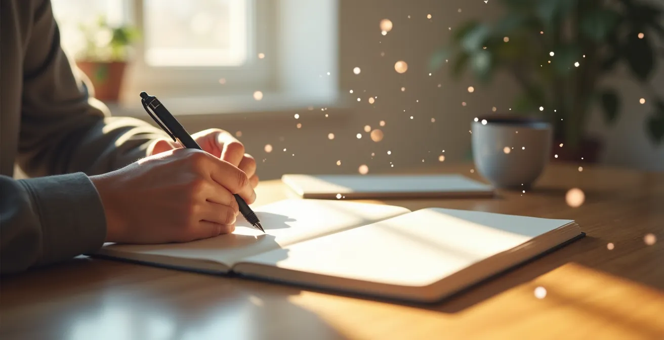 Manos escribiendo en un diario con símbolos flotantes y luz suave