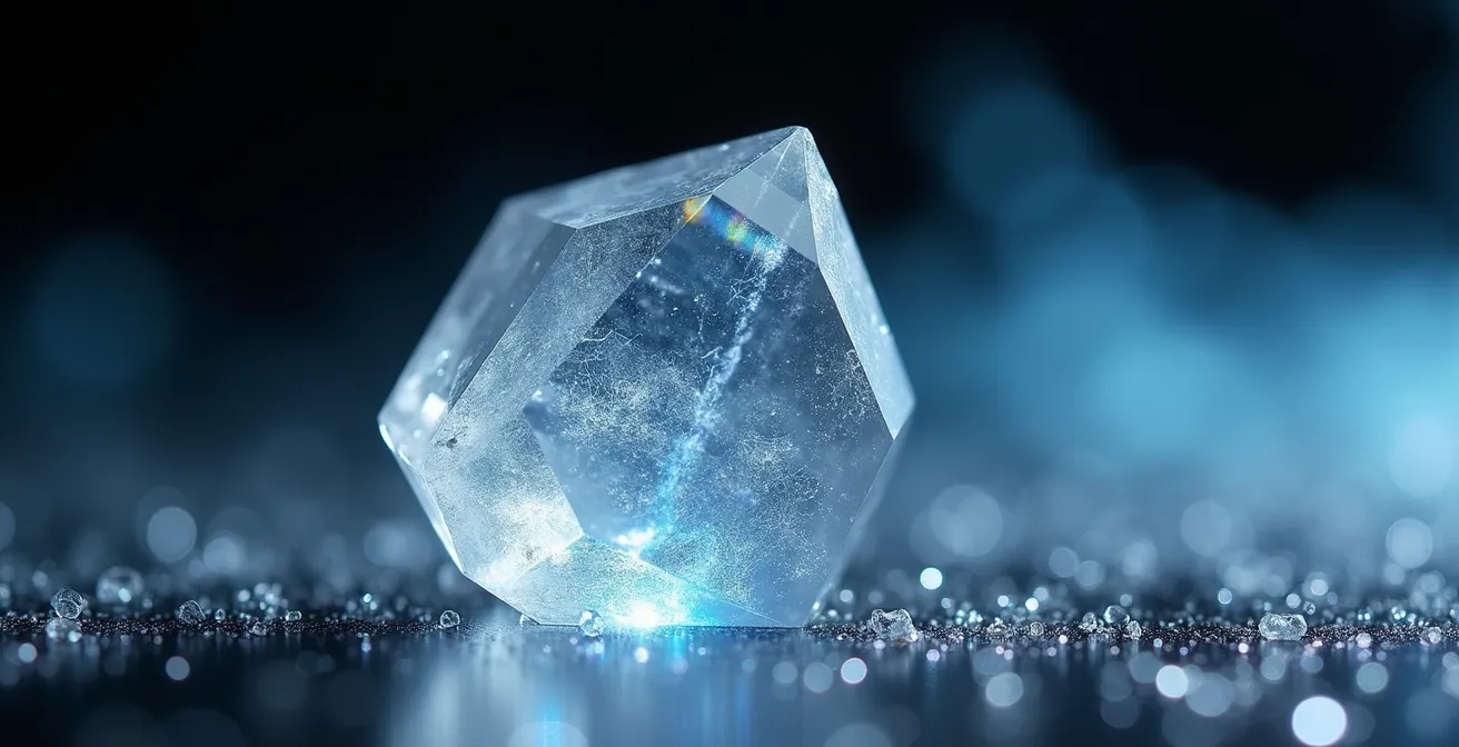 Cristal de cuarzo transparente mostrando deformación bajo presión con rayos de luz refractados