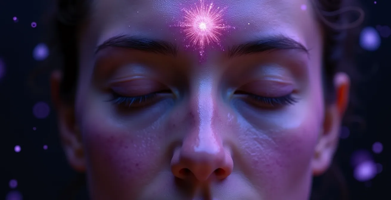 Persona en posición de loto con luz violeta emanando del centro del cerebro