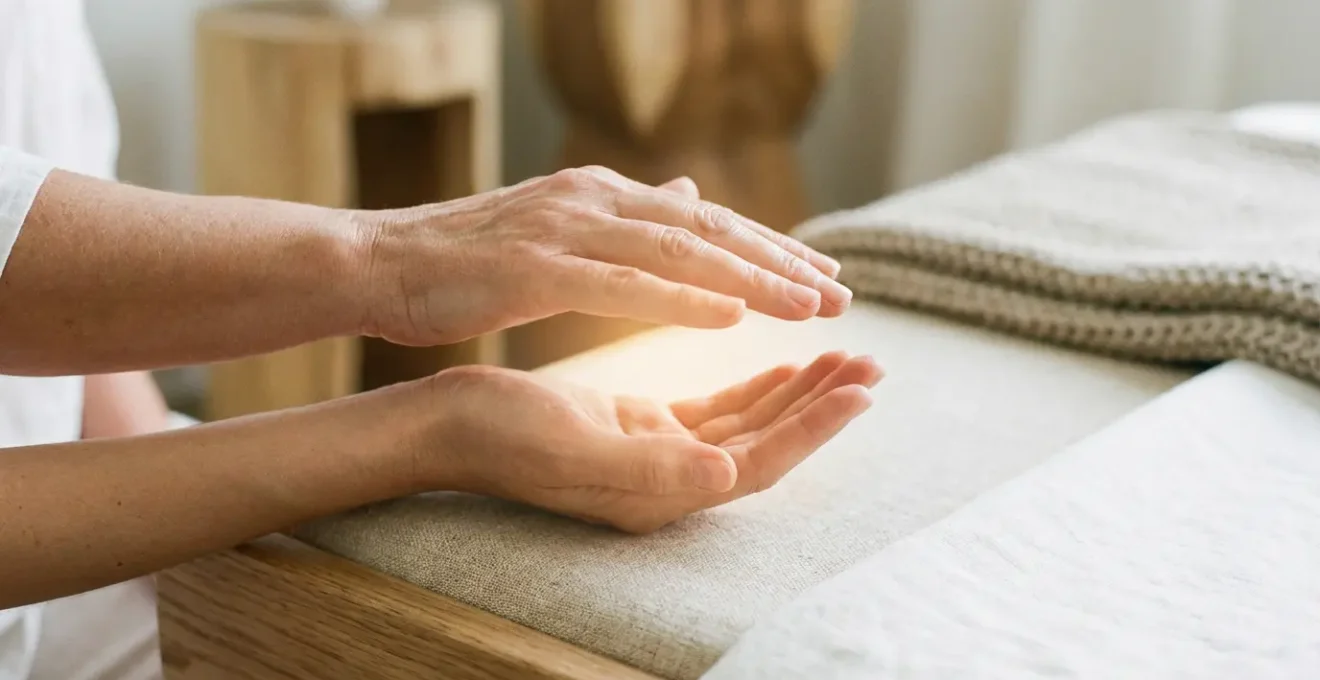 Manos transmitiendo energía Reiki con luz dorada suave en ambiente sereno