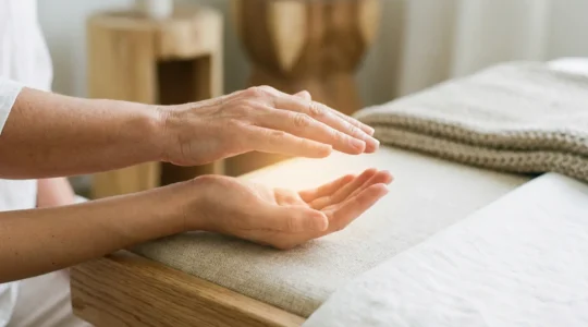 Manos transmitiendo energía Reiki con luz dorada suave en ambiente sereno
