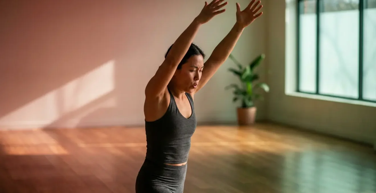 Persona realizando estiramiento dinámico del meridiano del hígado para liberar frustración