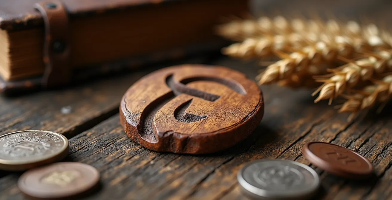 Runa Fehu invertida tallada en madera junto a monedas antiguas y libro de cuentas