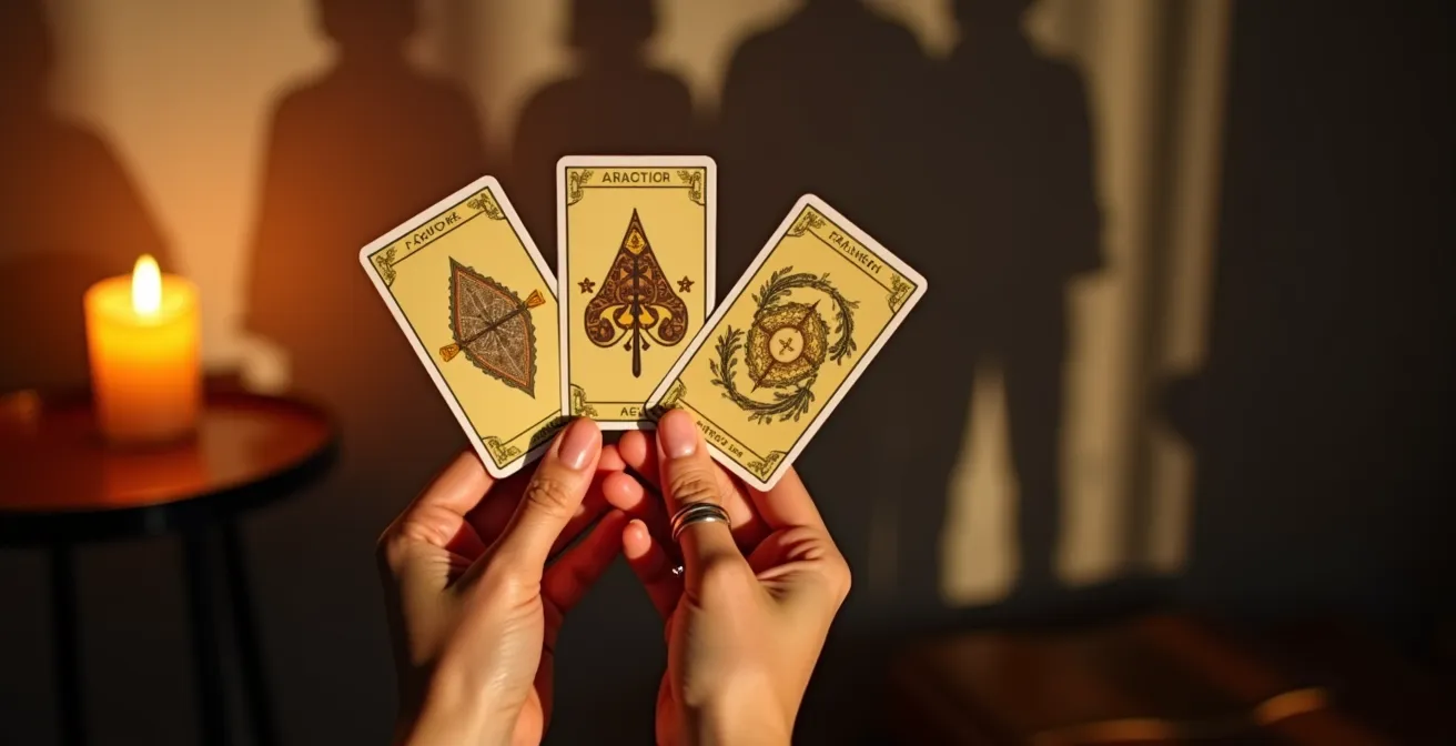 Manos sosteniendo cartas de tarot con sombras de figuras en el fondo representando influencias externas
