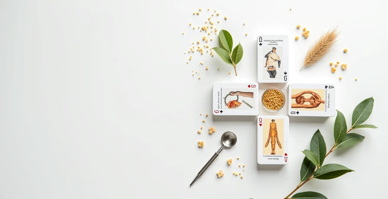 Cartas españolas dispuestas en forma de cruz con elementos naturales representando cada palo