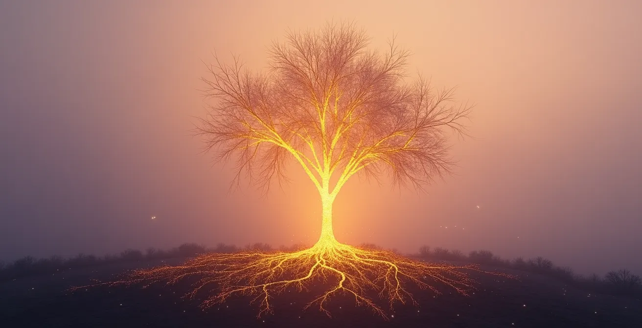 Árbol genealógico abstracto con raíces luminosas y ramas entrelazadas representando conexiones kármicas