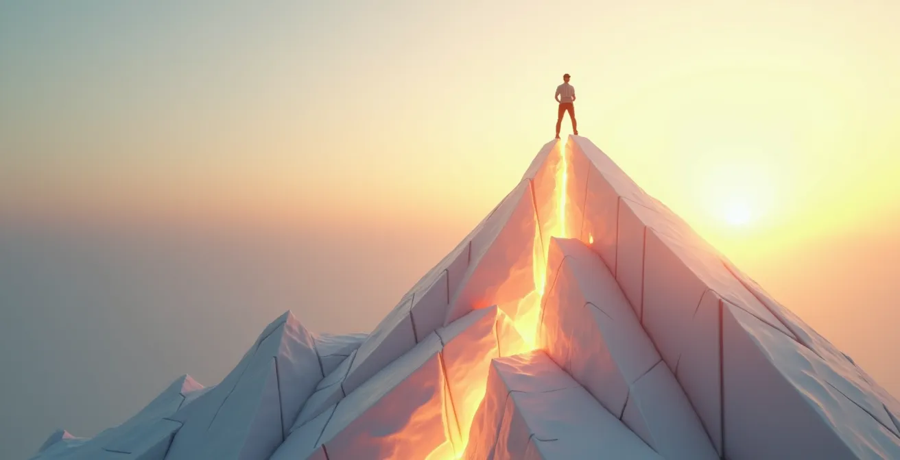 Líder en posición de servicio ayudando a otros a subir una montaña luminosa