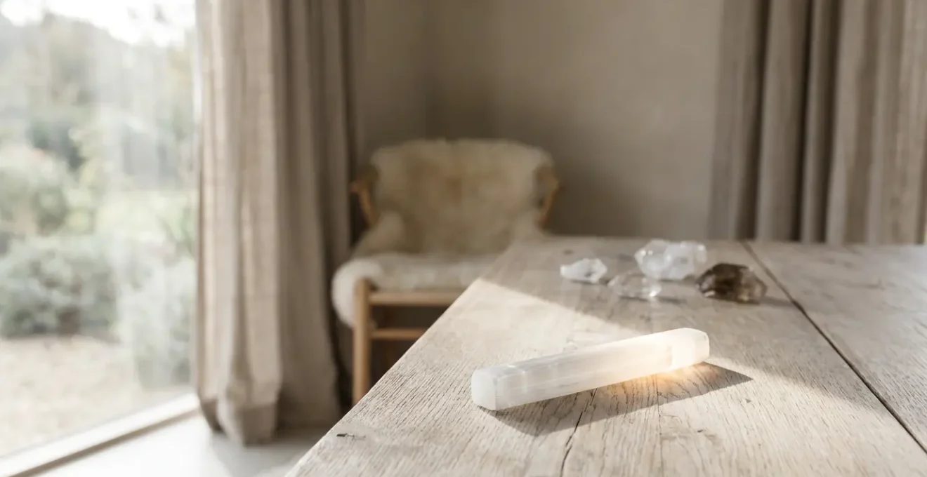 Vara de selenita blanca translúcida utilizada para limpieza energética post-terapia