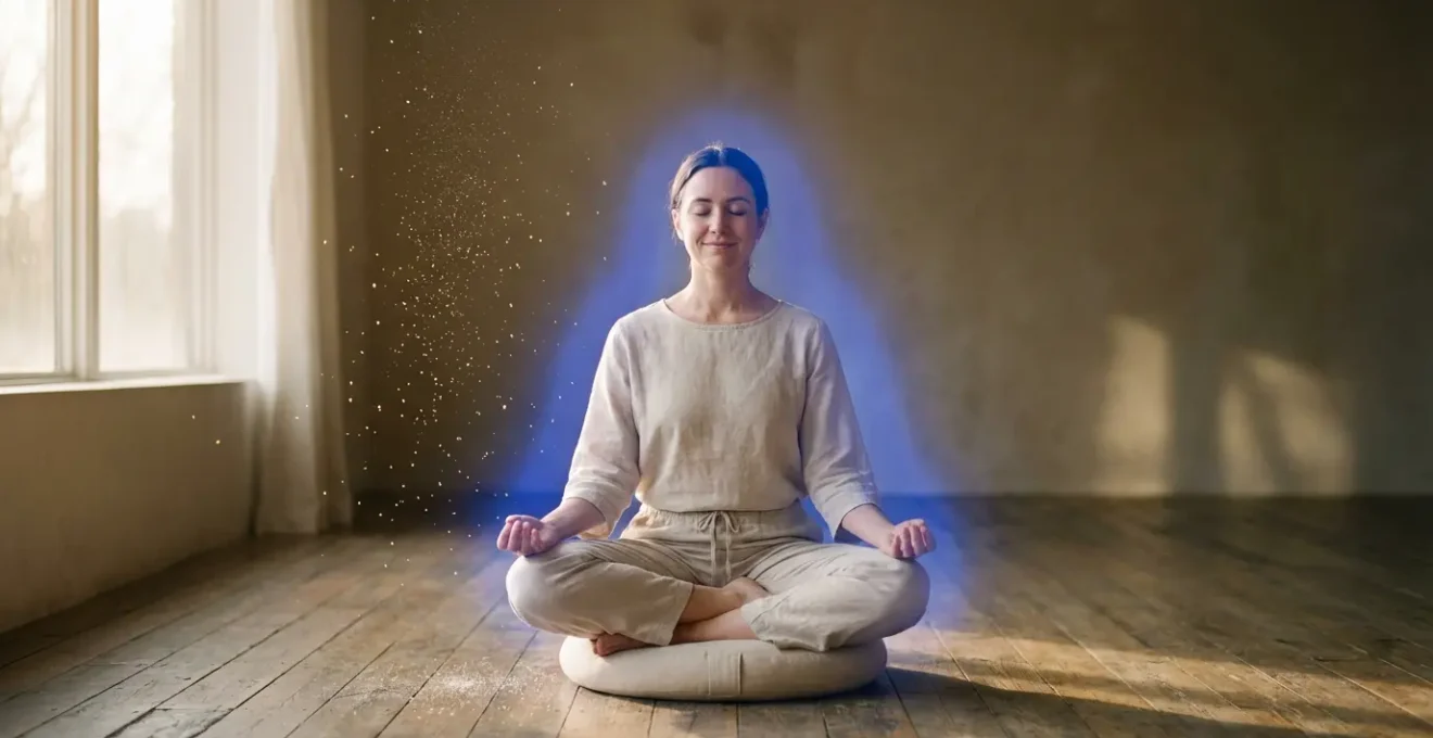 Persona meditando con campo energético luminoso azul cobalto rodeándola mientras cristales de sal marina flotan en el aire