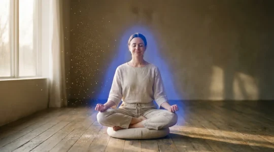 Persona meditando con campo energético luminoso azul cobalto rodeándola mientras cristales de sal marina flotan en el aire