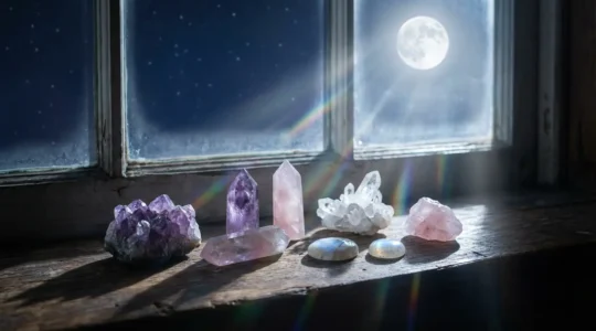 Cristales y piedras energéticas bañados por la luz de luna llena en una ventana