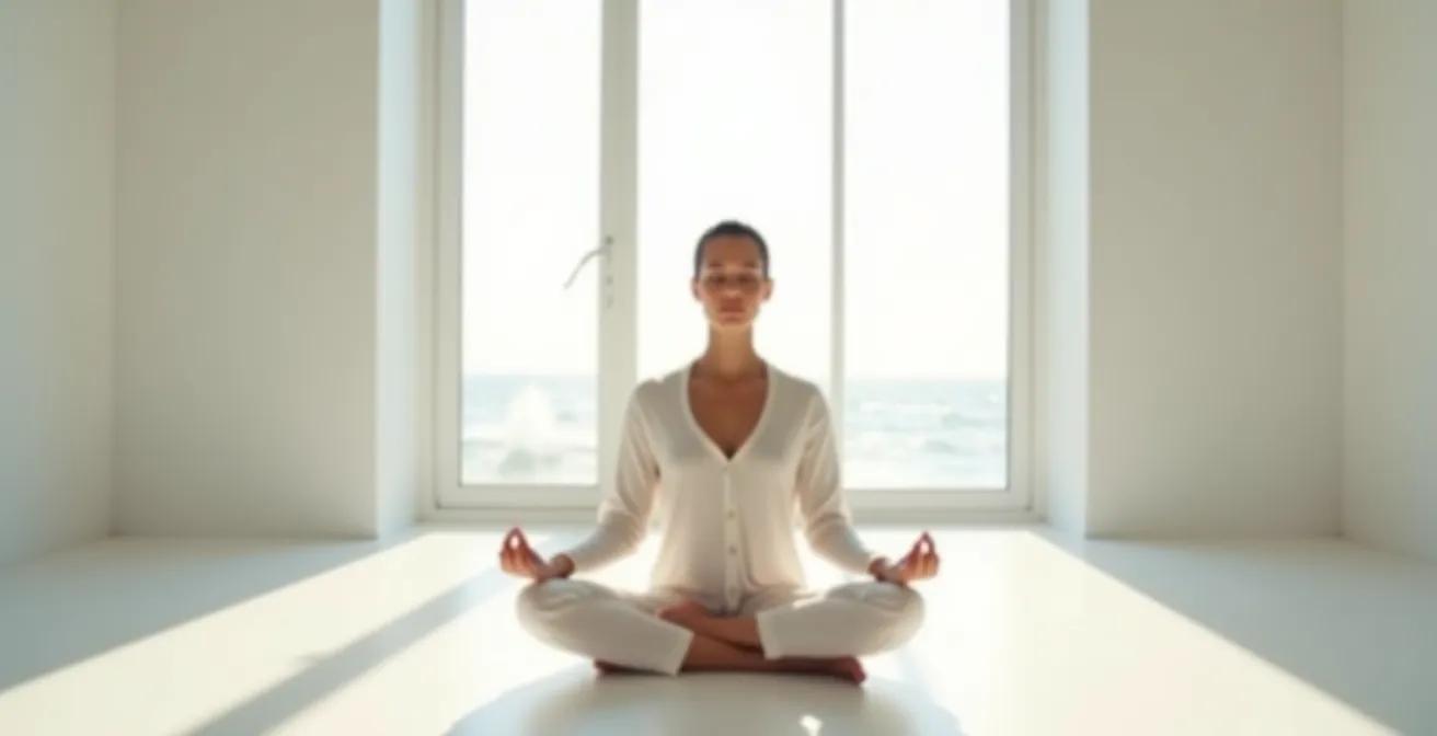 Persona en meditación con mano sobre plexo solar y péndulo en la otra