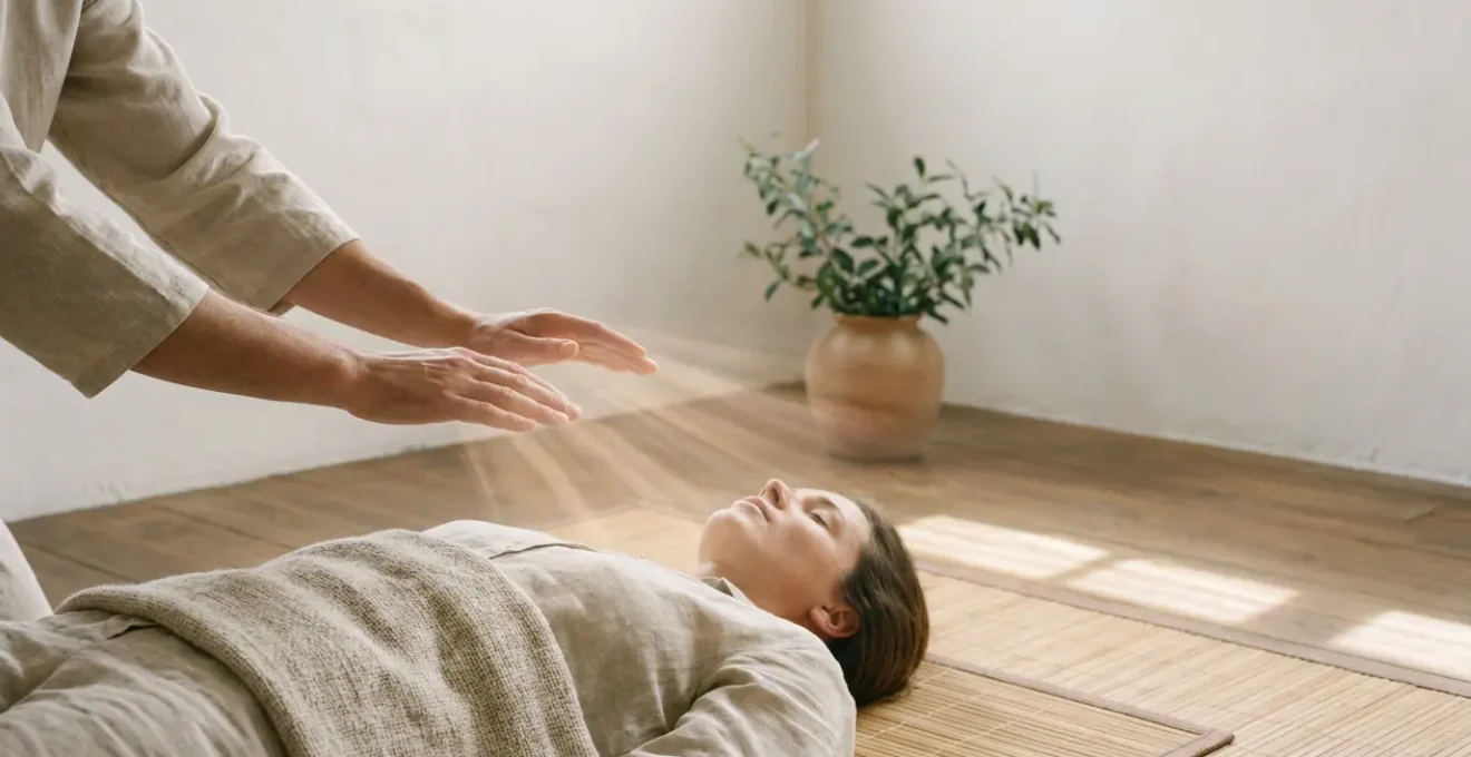 Manos en posición de sanación energética con luz suave emanando entre las palmas en ambiente minimalista