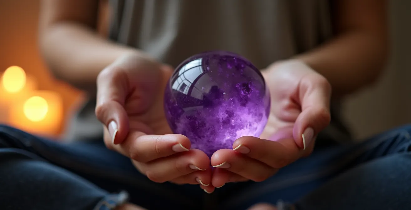 Manos en posición de meditación sosteniendo suavemente un cristal de amatista púrpura con luz tenue