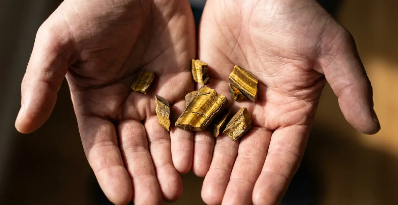 Manos abiertas sosteniendo delicadamente fragmentos de ojo de tigre con luz suave filtrándose entre los dedos