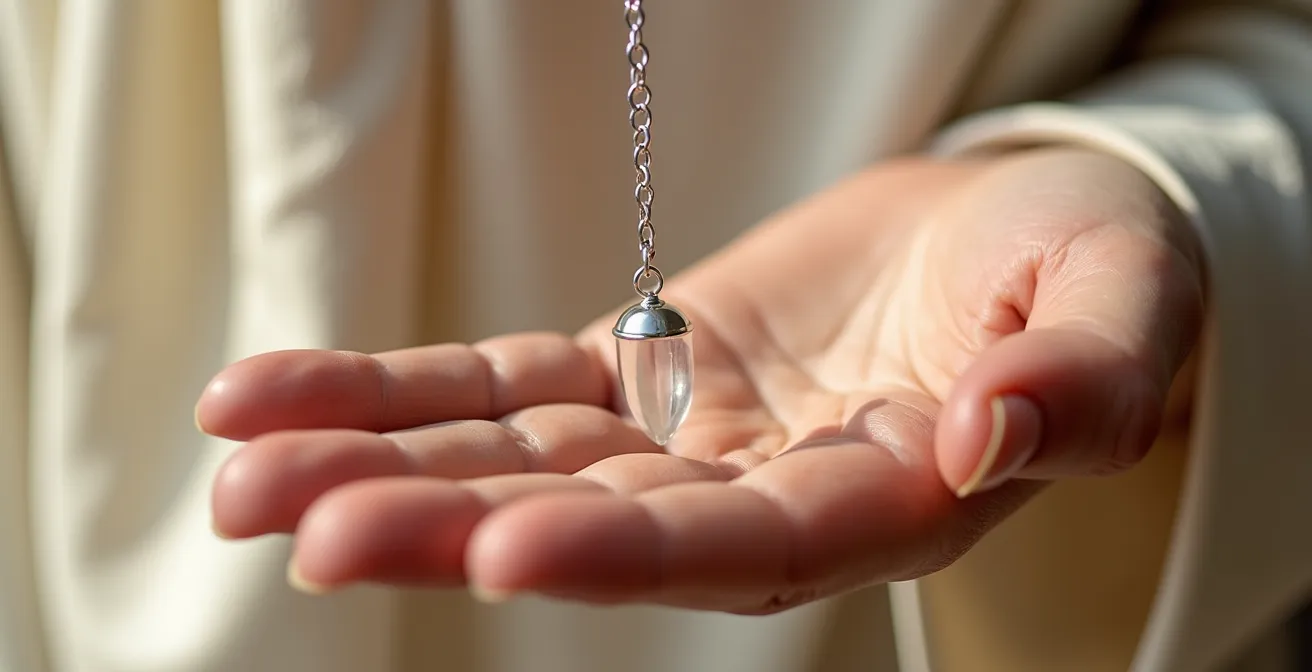Mano abierta con péndulo de cristal suspendido encima creando sombras suaves