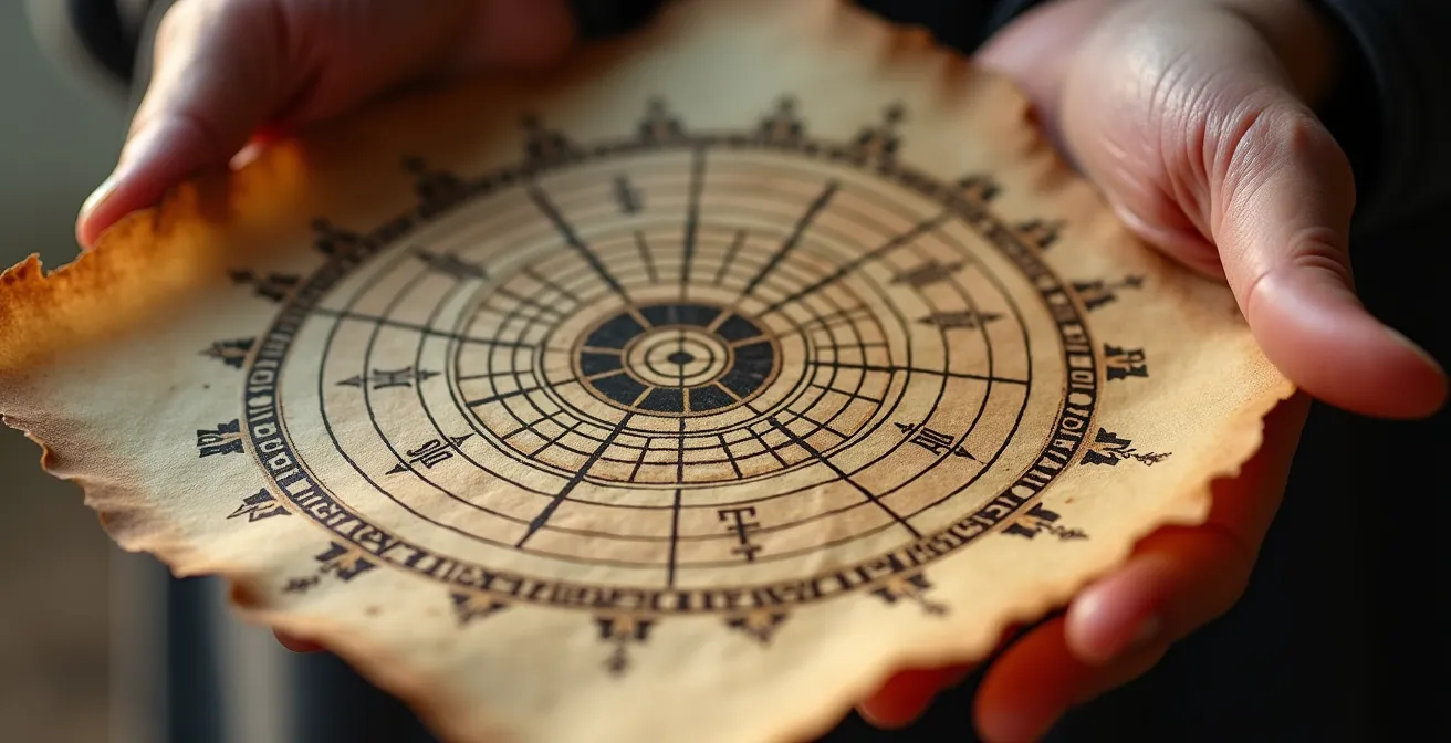 Manos sosteniendo un mapa circular con símbolos astrológicos y líneas de conexión