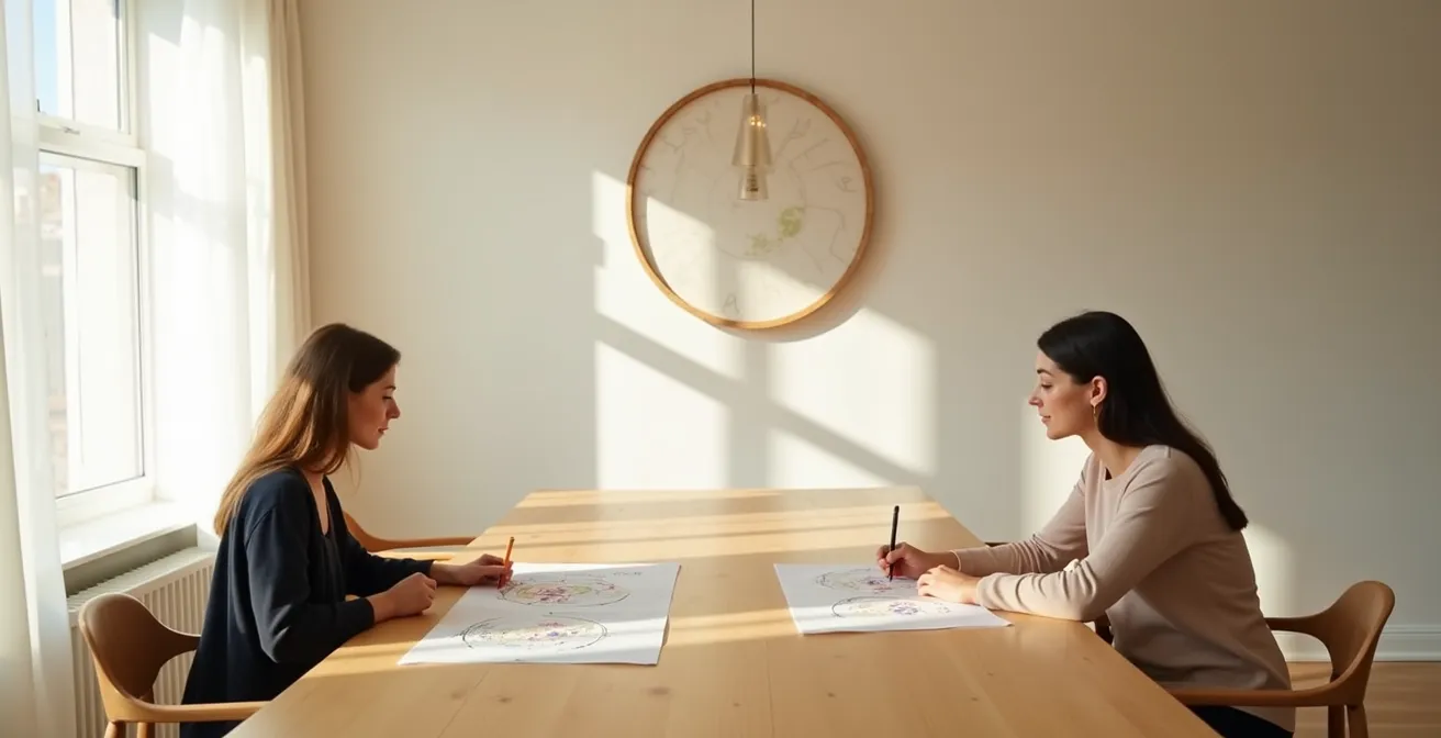 Calendario circular mostrando superposición de ciclos lunares personales de una pareja