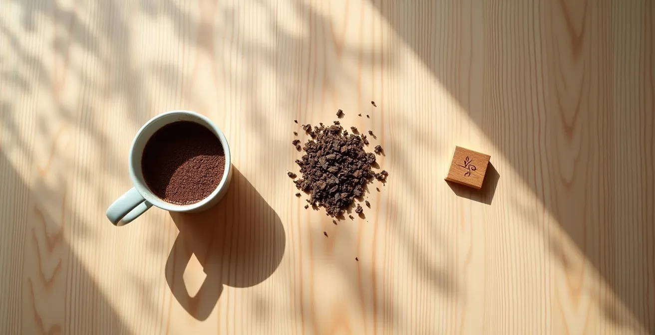 Mesa con elementos de café, té y runas dispuestos para comparación visual
