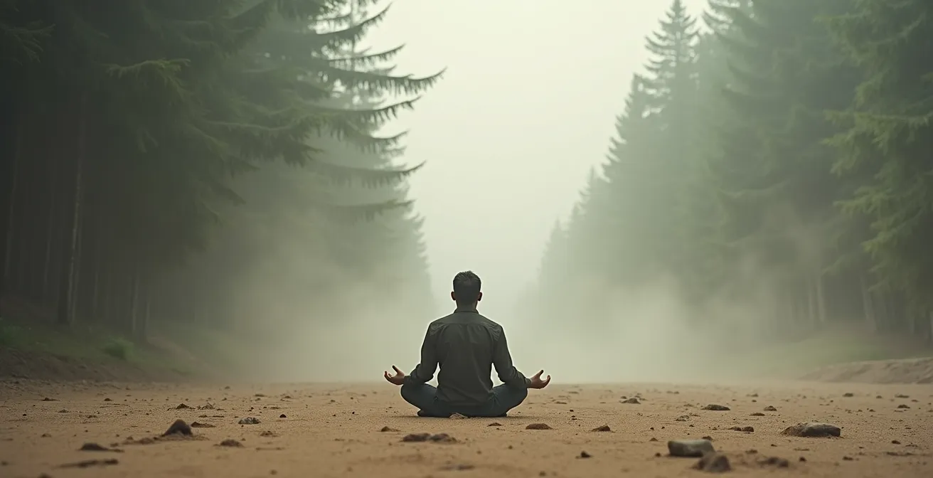 Persona meditando con raíces energéticas conectando con la tierra