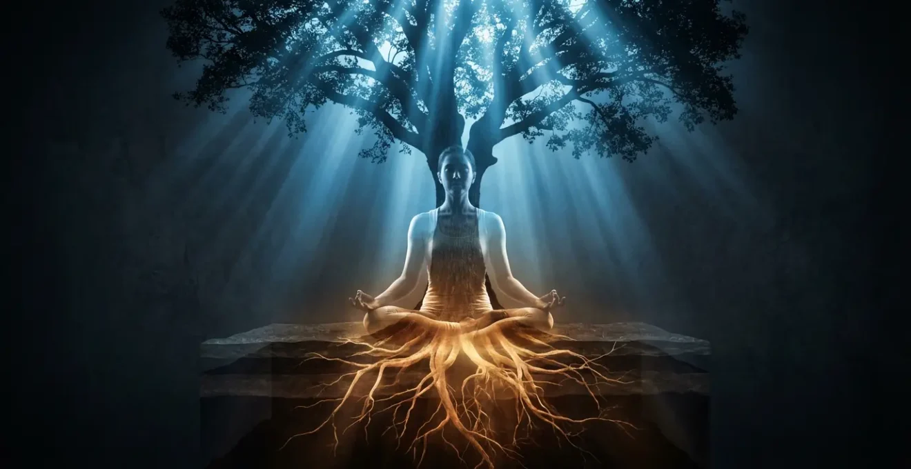 Visualización meditativa de persona como árbol con raíces energéticas profundas