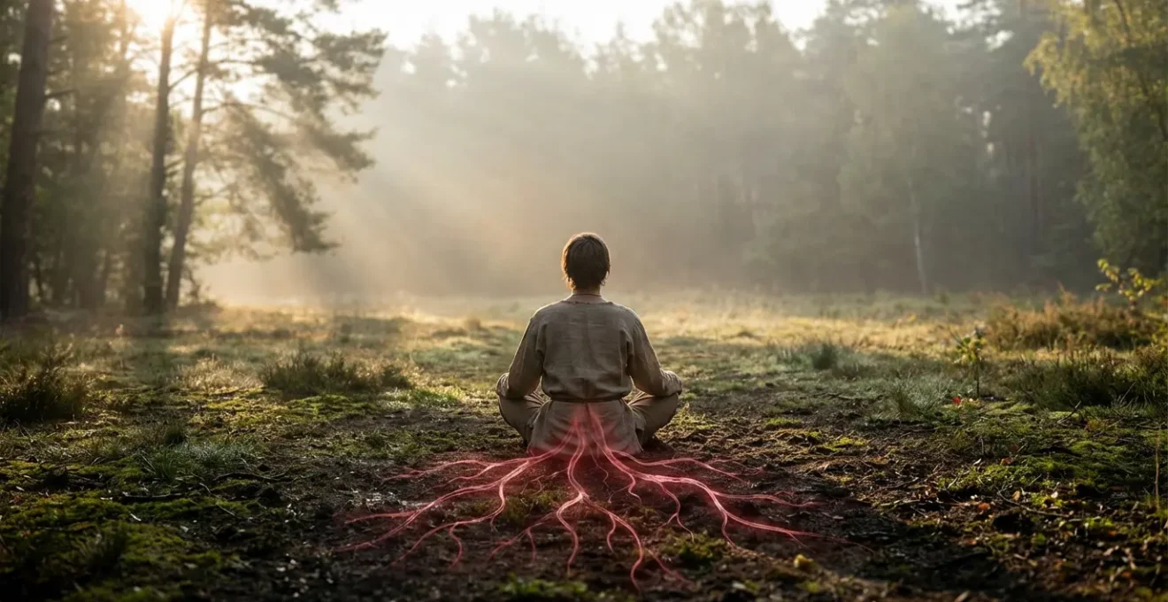 Persona meditando con raíces energéticas rojas extendiéndose hacia la tierra